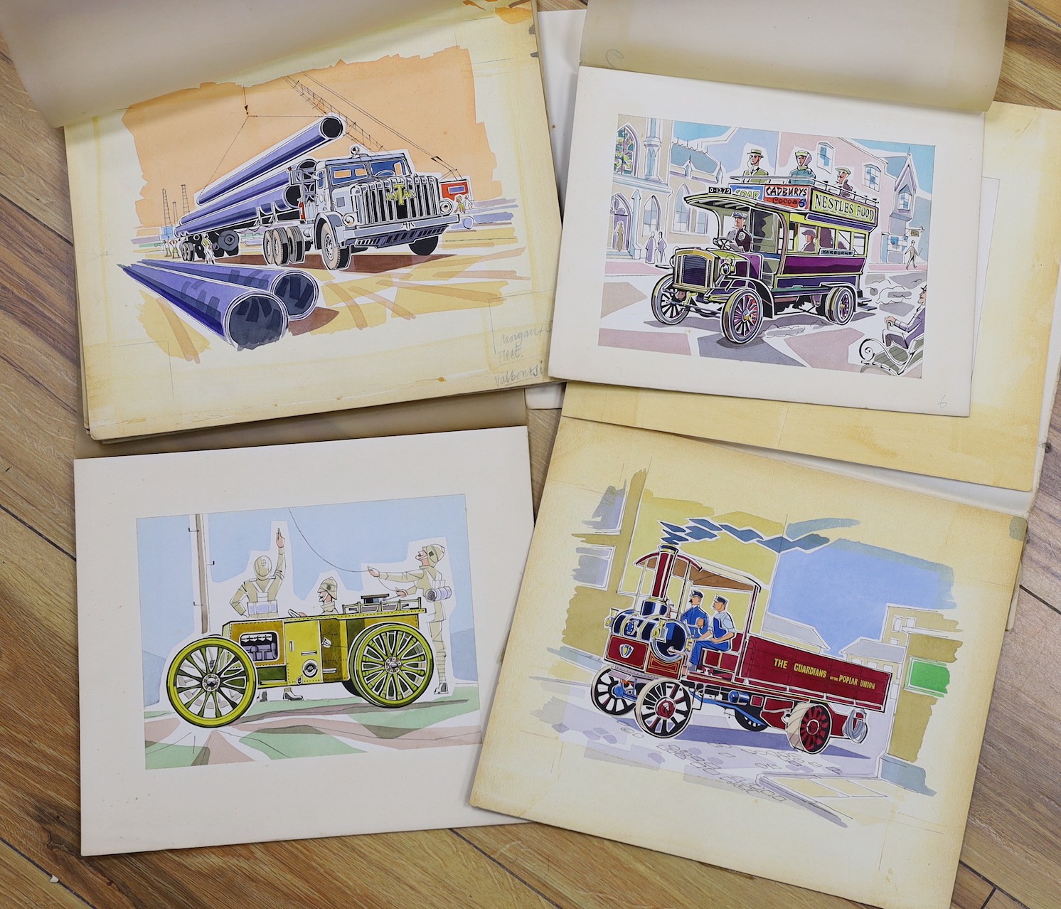 Mid century British School, nine 1950's original gouache and ink illustrations, all of a transport theme including trams, Rolls Royce Silver Ghost and Boer War engineers' car, approx. 15 x 20cm, unframed